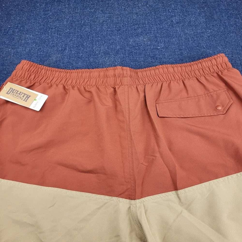 Duluth Trading Co Mens 2XL Swim Trunks Rust Tan Colorblock Nanotex 7